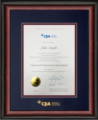 Satin mahogany wood frame for the for vertical 10x13.5 CPA certificates, with double mat board & gold CPA logo in a 14x18 frame. (120910-14x18V-NPB/MAR.GFS)